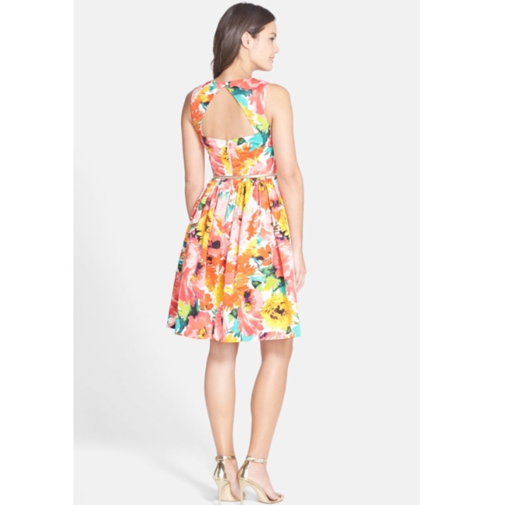 Eliza J Floral Fit-and-Flare Dress in Pink, Orange, Yellow, Green